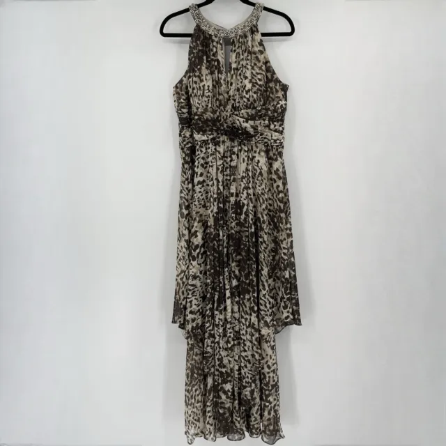 Eliza J Womens Dress Size 14 Animal Print Tiered Chiffon Beaded Halter Gown