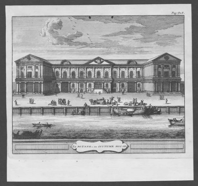 1700 - Custom House London Thames England United Kingdom engraving view