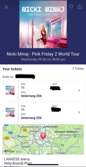 2x Top Karten Konzert Nicki Minaj Unterrang 5.6.24 Köln Nebeneinander Top Sicht