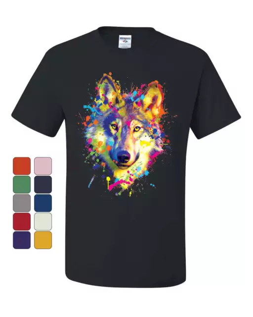 Neon Wolf Head T-Shirt Paint Splatter Lone Wolf Spirit Animal Tee Shirt