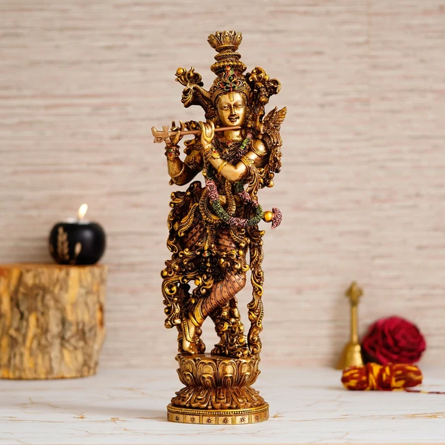 HINDU GOD KRISHNA Playing Flute Idol Dwarkadhish Statue Kanha Sculpture