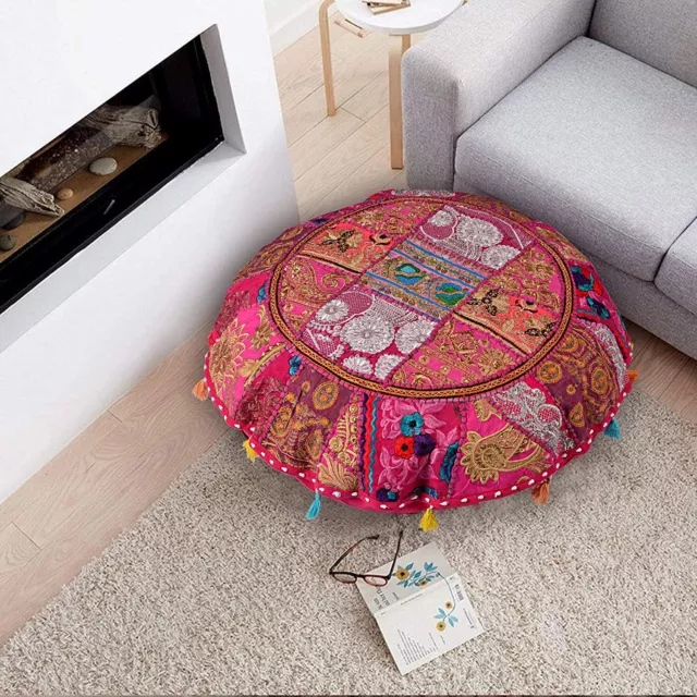 Vintage Kantha Patchwork Floor Cushion Cover Indian Decorative Ottoman Pouffe