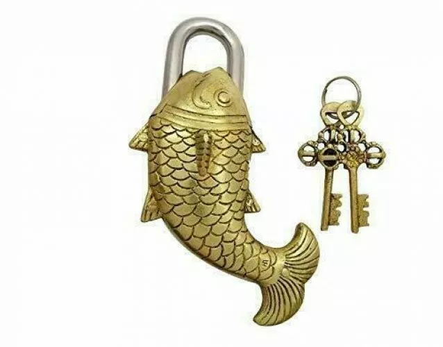 Antique Brass Fish Padlock with 2 Keys Safety Secret Heavy Lock FREE SHIP