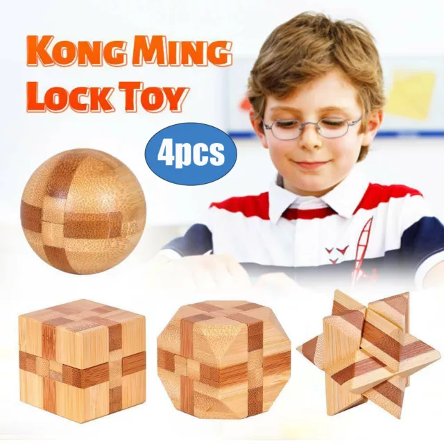 4pc Wooden Kongming Lock Brain Teaser Puzzle Kids Educational Game Toy Gift