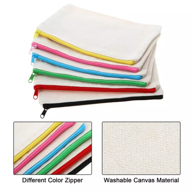 6/24x Canvas Pen Pencil Case Coin Pouch Blank DIY  Make Up Zipper Bags Pockets