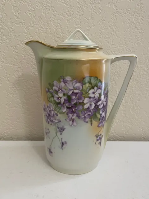 Antique German Three Crown China Porcelain Chocolate Pot w/ Purple Flowers