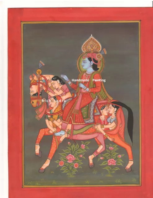 Hindu God Krishna Indian Miniature Painting watercolor artwork