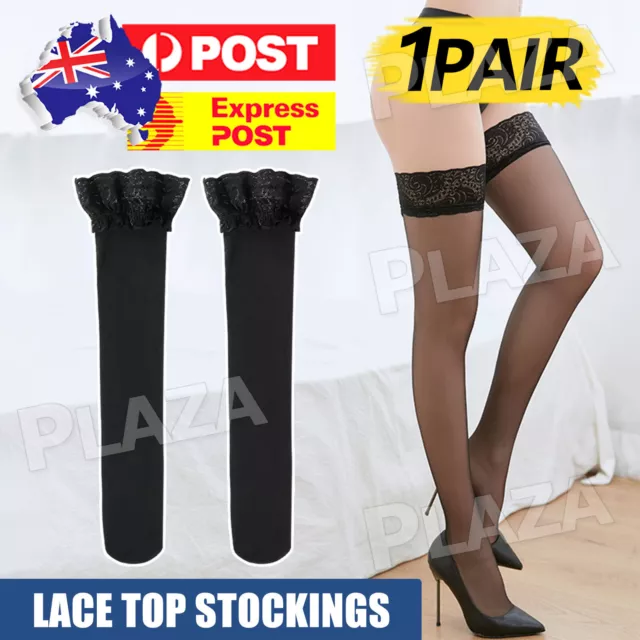 Sexy Ladies Sheer Lace Top Non-slip Thigh High Stockings Hold-up Pull up Stay up