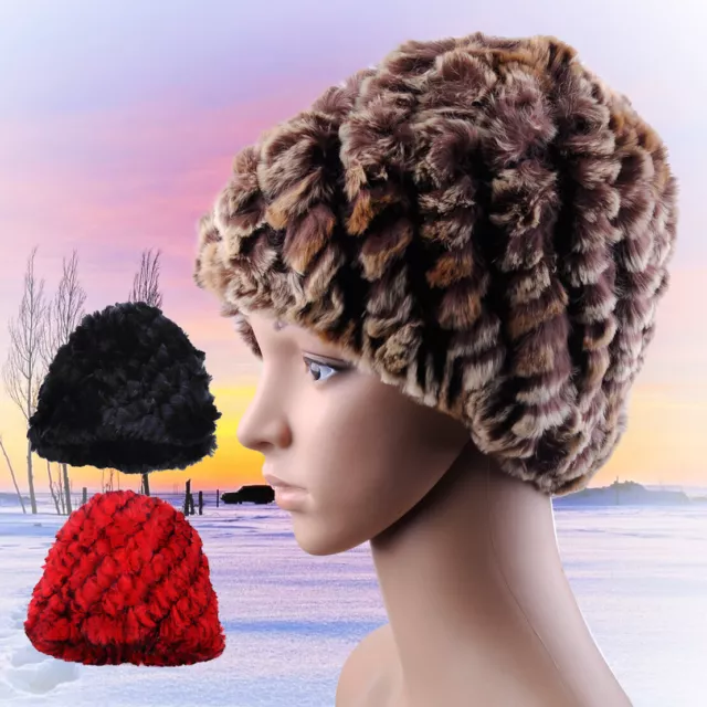 Fashion Russian Cossack Style Women Rabbit Fur Cap Winter Knit Beanie Warm Hat