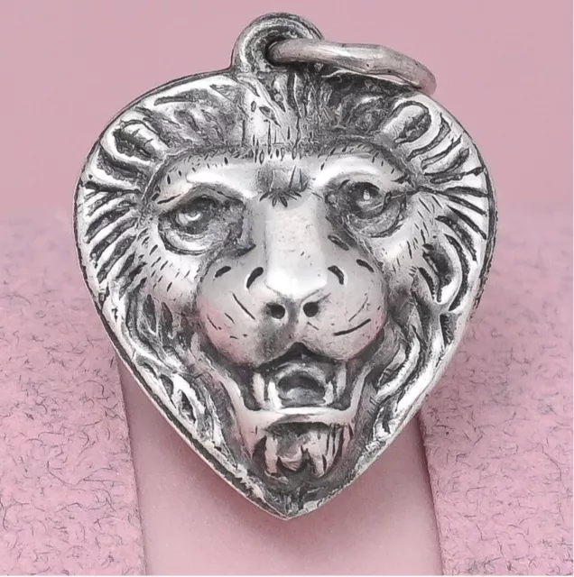 Antique Victorian High Relief LION Puffy Heart Sterling Silver Charm Pendant