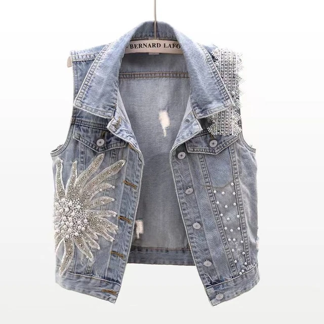 2023 Lace beaded denim vest denim vest cardigan sleeveless short top women