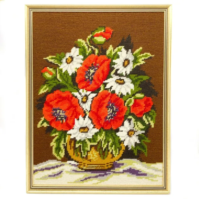 Vintage Red Poppies White Daisies Wool Embroidery Handmade Framed Wall Art 43cm
