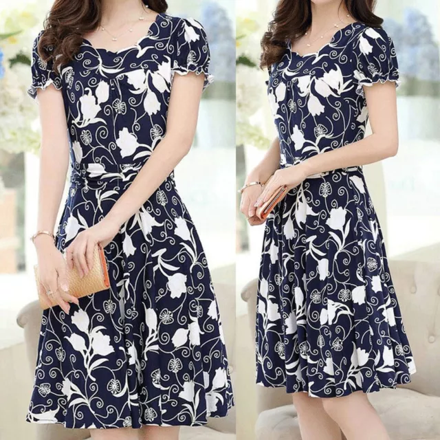 Womens Lady Elegant Fashion O-Neck Knee Length Short Sleeve Retro Printing Dress