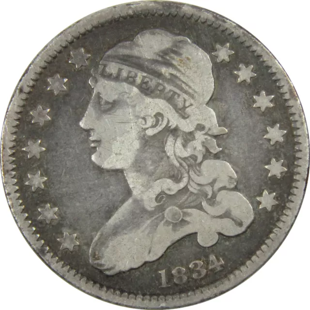1834 Capped Bust Quarter F Fine Details Silver 25c Coin SKU:I12338