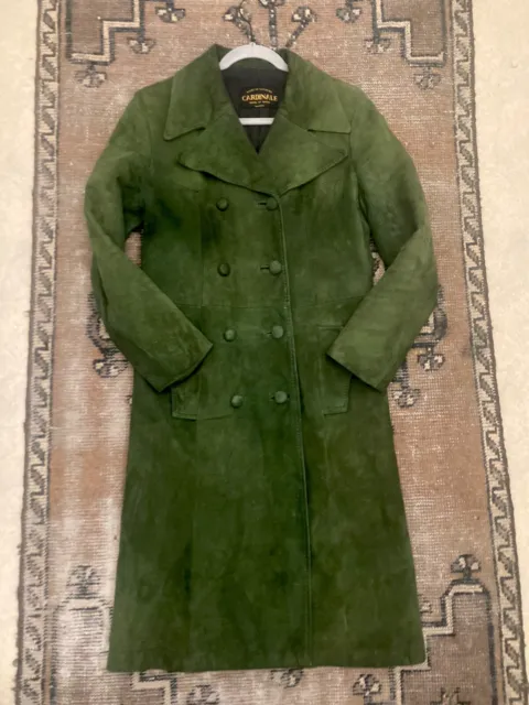 1970’s 60’s Boho Hippy MOD Green Suede Long coat trench butterfly wide collar S