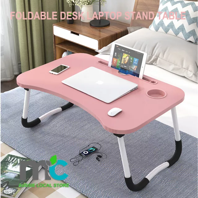 Foldable Desk Laptop Stand Table Bed Computer Study Adjustable Portable Cup Slot
