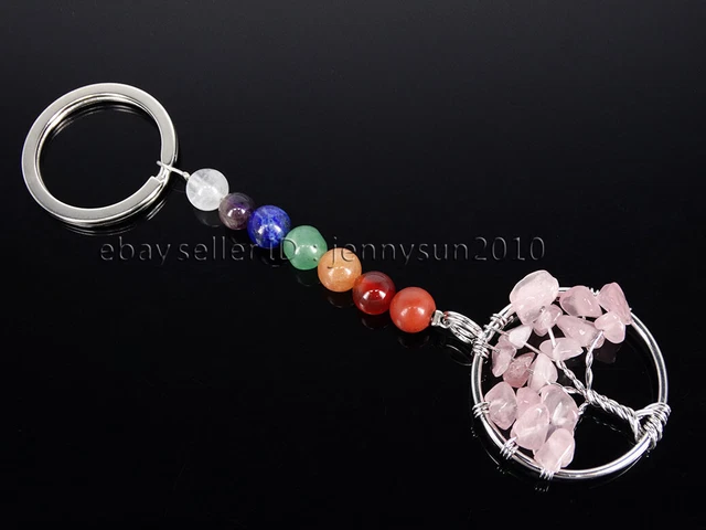 Natural Gemstone Reiki Chakra Chip Tree of Life Pendant Charms Key Ring Silver