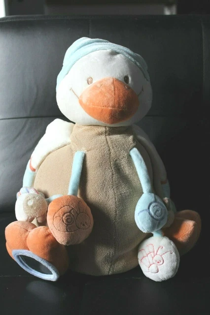 Doudou activite canard blanc marron bonnet bleu NATTOU pouet grelot miroir 34 cm