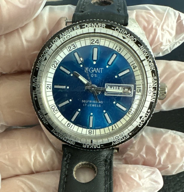 VINTAGE LEGANT QS World Time Blue Self Winding Mens Diver  display picture 3