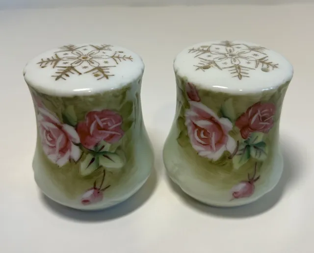 Vtg Lefton Porcelain Set Of Salt & Pepper Shakers Green Heritage Pink Roses