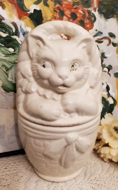 Cat In EASTER Basket Cookie Jar American Bisque 1940’s? 1950’s? FARMHOUSE DECOR