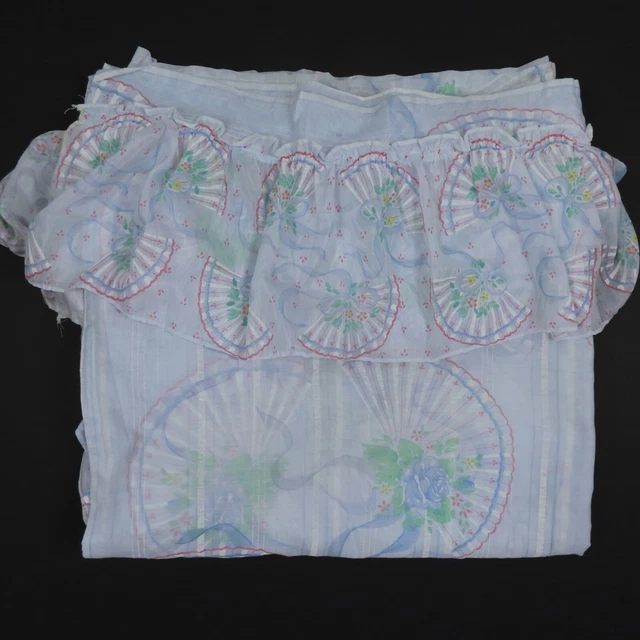 VTG Sheer Rod Pocket Blue Striped Floral Fan Flower Swag Ribbon Ruffle Curtain