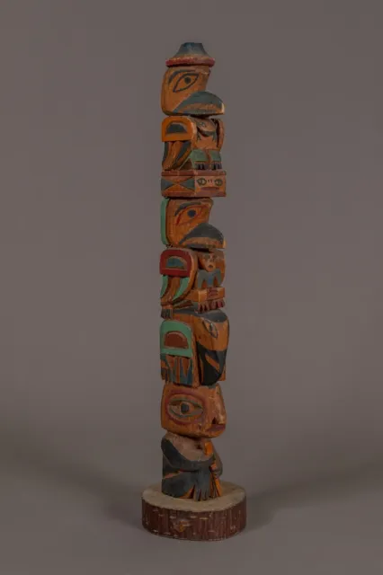 Superb Antique Native American North West Coast Carved Painted Model Totem Pole
