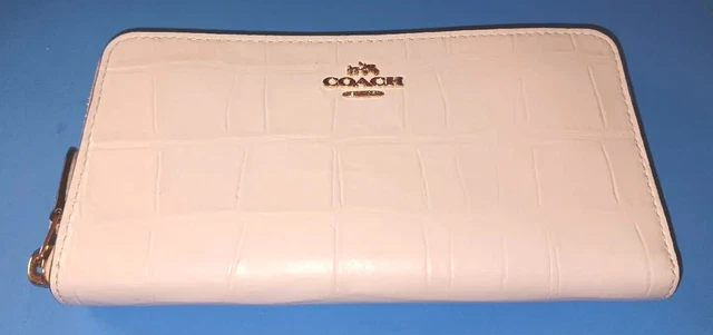 COACH Croc Embossed Leather Large Zip Around Wallet Clutch - Gold Chalk White COACH Croc Embossed Leather Large Zip Around Wallet Clutch - Gold Chalk White