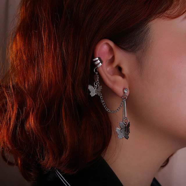 Fashion Earings Jewelry Butterfly Tassel Ear Pin Chain Double Stud Earrings