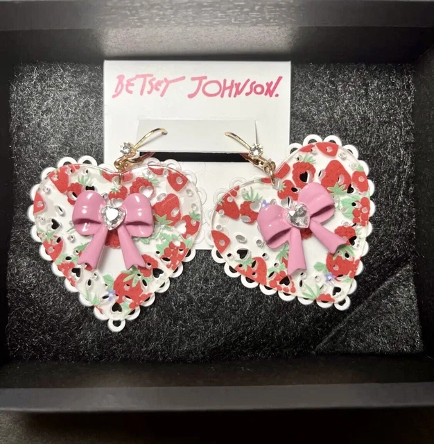 Betsey Johnson White Heart Shaped Candy Box Drop Earrings Strawberries & Bow NWT