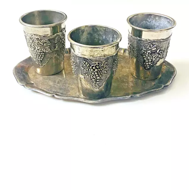 Vintage Sabbath Wine Cup (3 Goblets) Metal Etched Silver Plated Jewish Kiddush