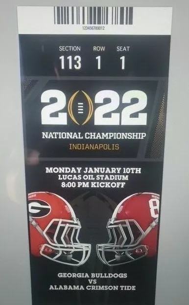 2022 National Championship Commemorative Ticket 1/10 GEORGIA vs ALABAMA Sect 113