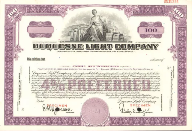 Duquesne Light Company Pennsylvania utility company purple stock certificate