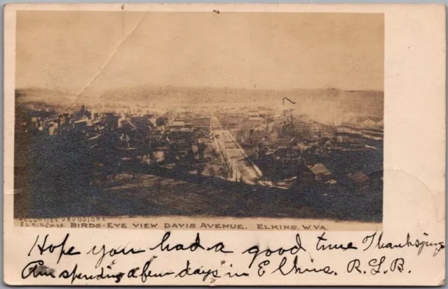 1906 ELKINS, West Virginia RPPC Photo Postcard "Bird's-Eye View DAVIS AVENUE"