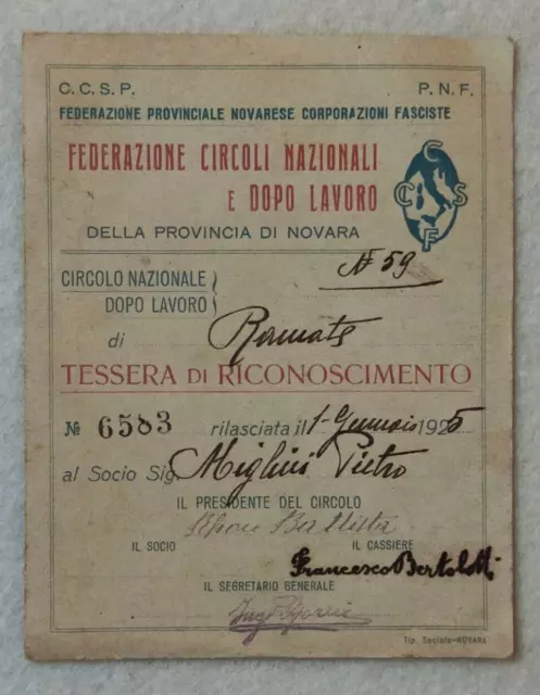 Tessera Pnf Dopolavoro Corporazioni Fasciste 1925 Novara Ccsp