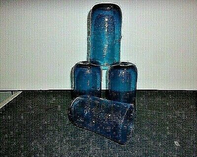 Set of 4 ANTIQUE PRIMITIVE HAND BLOWN COBALT BLUE GLASS Late 1800s Early1900s