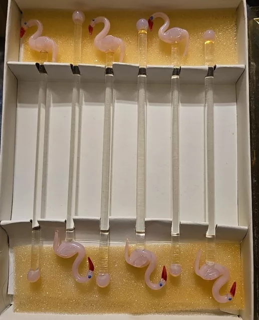 NIB VTG Pink Flamingo Art Glass Swizzle Sticks - Blown Glass  Set of 6