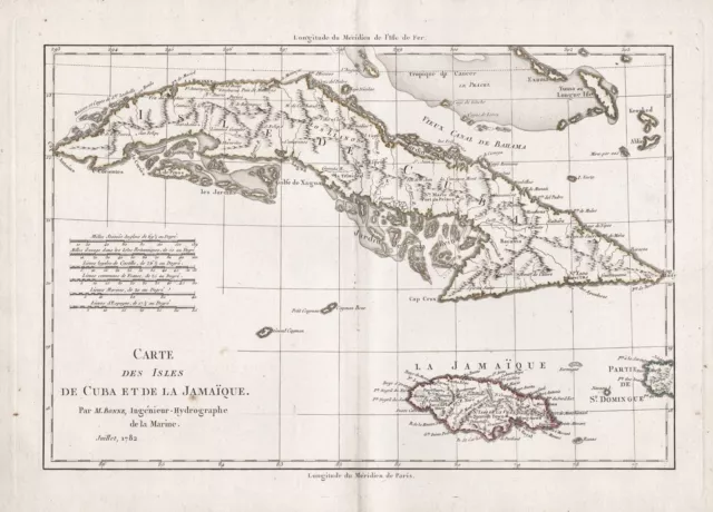 Cuba Jamaica island Jamaique ile Karte gravure Karte map Bonne 1782