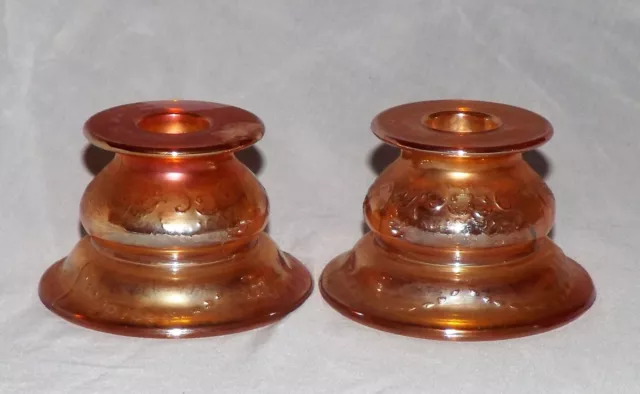 Pair of Carnival Glass Federal Normandie Marigold Iridescent Candle Holders