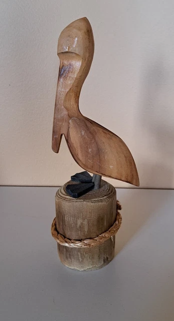 Vintage Wood Carved Pelican Bird Coastal Ocean Folk Art Nautical Decoration