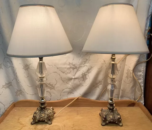 Brass And Clear Lucite Electric Table Lamps Pair Shades Not Included