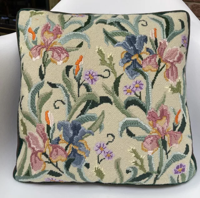 VTG VICTORIAN Iris Floral Needlepoint Decorative Pillow 14”x14 Zipper EUC