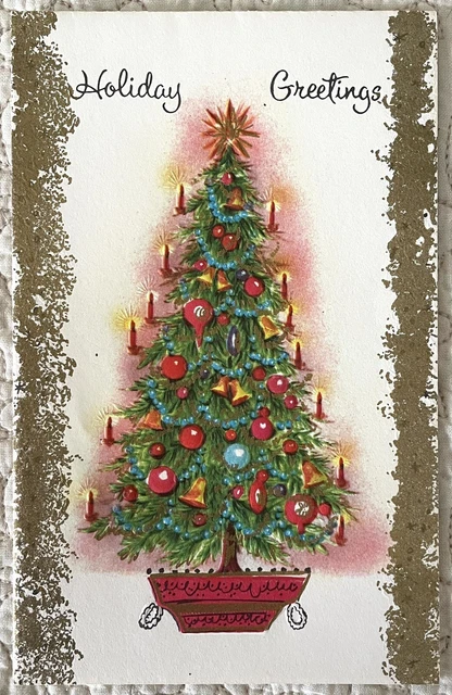 Unused Christmas Tree Lighted Color Tree Gold Vintage Greeting Card 1960s 1970s