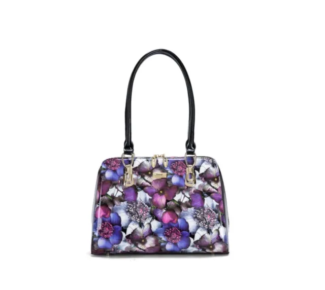 New Serenade Petula Floral Purple Blue Multi Patent Genuine Leather Handbag