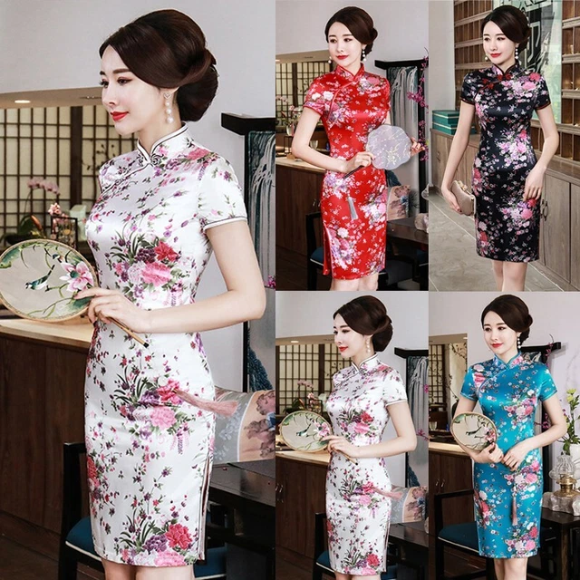 Abito Cheongsam Donna Cheongsam Collare In piedi Abito Moda Lunghezza Ginocchio Formale