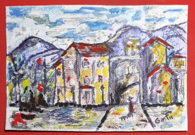 Quadri Disegno Su Tela Paesaggio Borgo Dipinto A Mano Bello 9 X 13 Arredo Casa