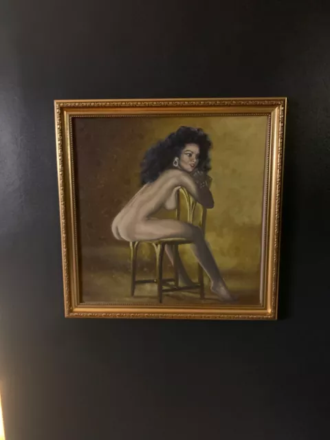Original Oil Painting Nude Black Afro Woman Gold Frame 157 36
