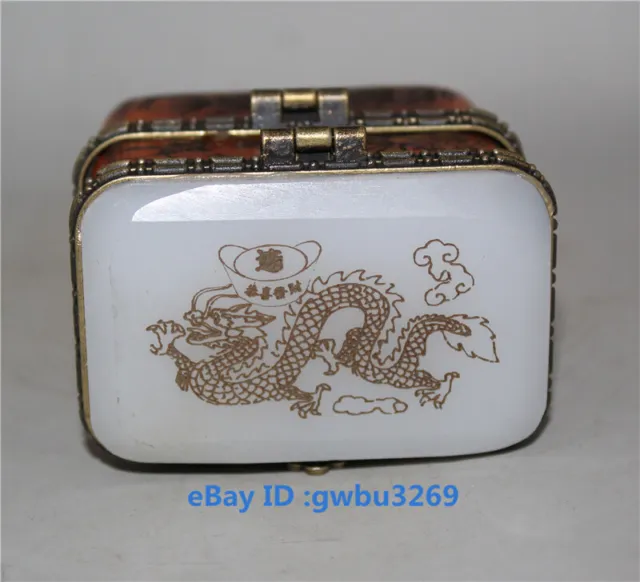 Collection Exquisite old Chinese hand-carved Dragon inlaid Jade box 23092