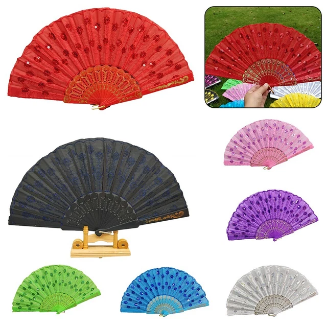ABANICO Chino Portátil de Seda Plegable Estilo Español Flor Danza Fiesta Boda