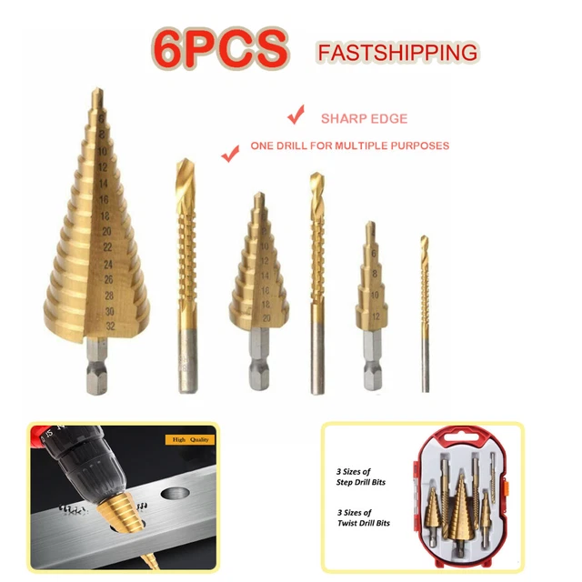 6Pcs HSS Step Drill Bit Set Titanium Coated Twist Drill Bit For Metal Sheet Wood